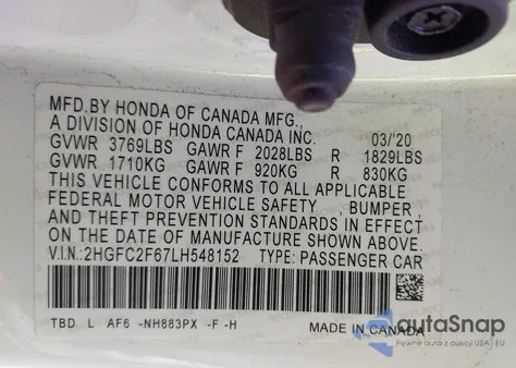 2020 Honda Civic Lx из США, поврежденный, VIN 2HGFC2F67LH548152